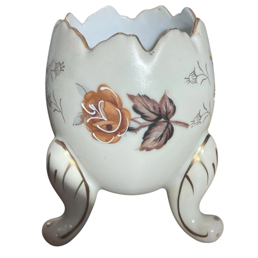 Vintage Napco Hand-Painted Floral Cracked Egg Ceramic Three-Footed Vase - Picture 2 of 7